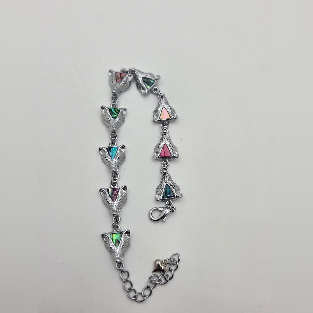 Vintage Paua Abalone Shell Bracelet Inlay Link Multi Color Silver Tone Heart